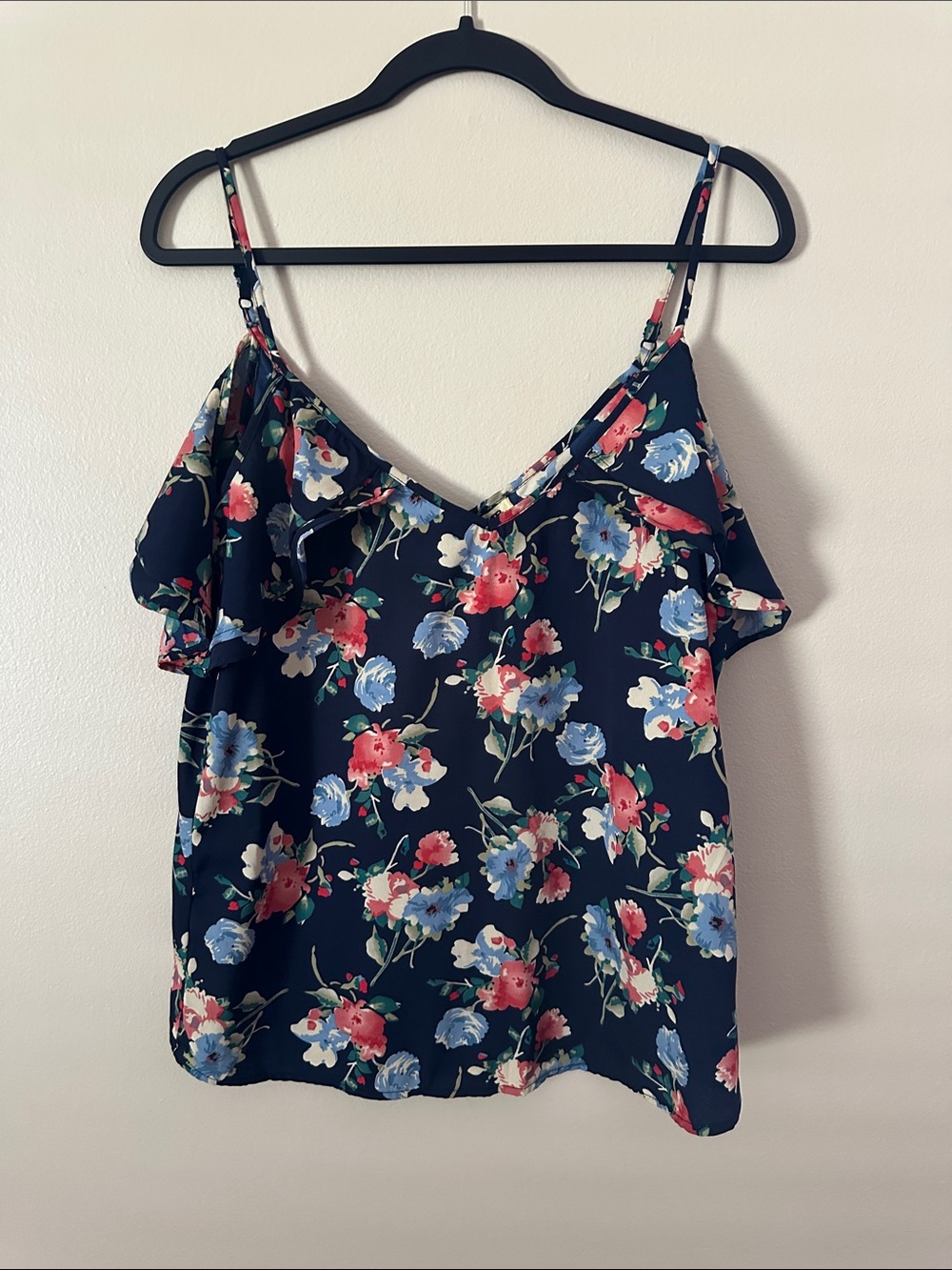 Tramp Navy Floral Ruffle Camisole with Pink & Blue Blooms